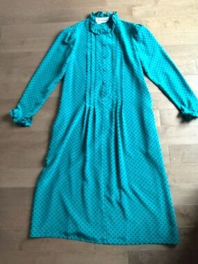 Vintage Saks Fifth Avenue Teal Silk Polka Dot Dress